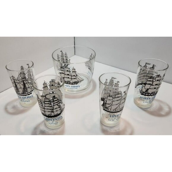 Vtg Hazel Atlas Schooners Blue Glass Ice Bucket & 4 Glasses Long John Silvers - Picture 2 of 16